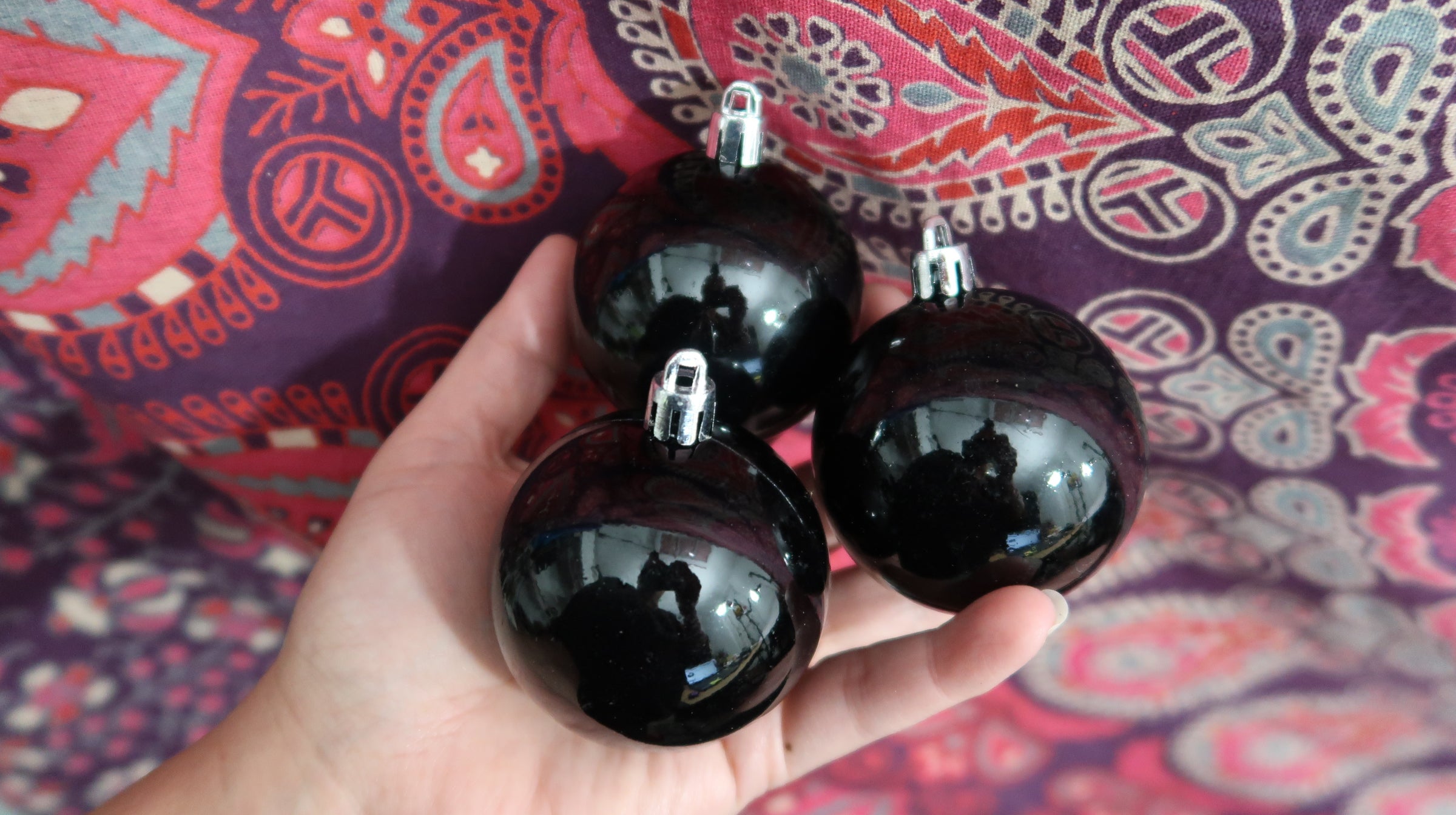Black, shiny, Christmas ornament balls, dot mandala blank image 3